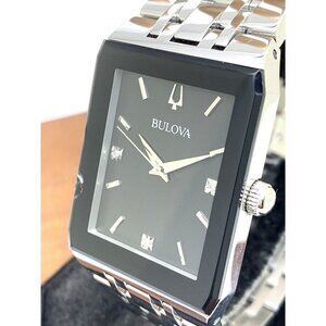 Bulova Men's Watch 96D145 Diamond Black Dial Silver Stainless Steel Quar…